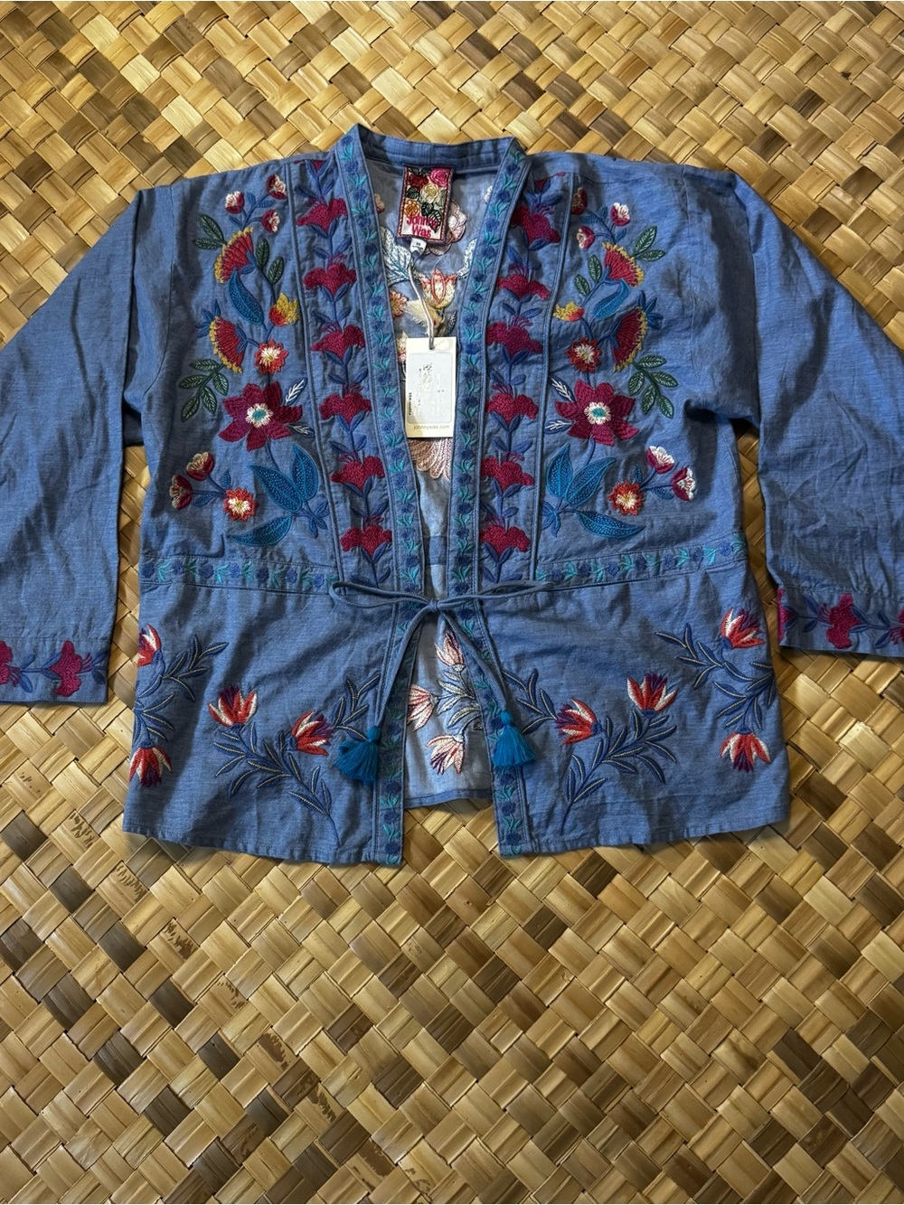 Johnny Was Elizabeth Blue Embroidered Tie-Waist Kimono Jkt Floral Embroidery NWT